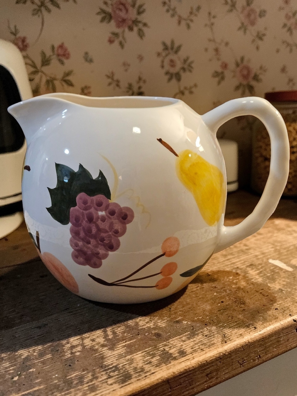 Hand-Painted Ceramic Pitcher in White with Yellow Pear and Purple Grapes